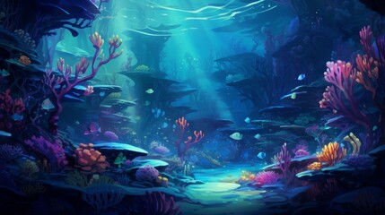Vibrant underwater scene portraying a magical ocean ecosystem with colorful corals and lively fish