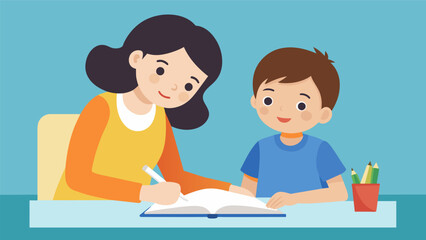 An older sister helps her younger brother with his homework also offering advice and encouragement for his future goals.. Vector illustration