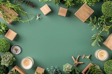 Sage green background with various plants, wooden blocks and candles in the corners, creating an ecofriendly atmosphere for sustainable product packaging design ideas The composition is viewed from ab
