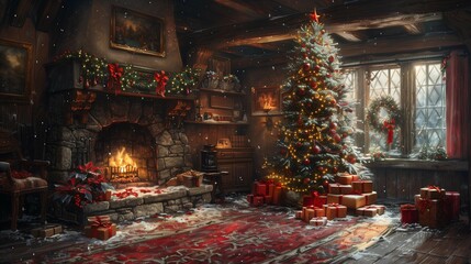 Festive Fireplace and Tree Decor, generative ai