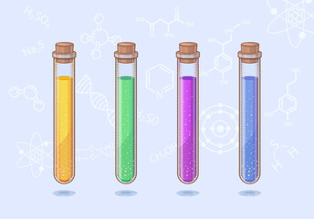 Chemical test tubes with multi-colored liquid. Elements for an online master class on the site. Advertising of chemistry courses for school and college. Home experiments for children and parents