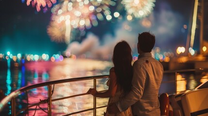 A lovely couple on deck of yacht watching firework in sky at night in sea.