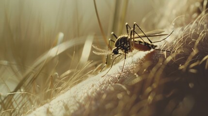 Close-up of a mosquito on textured surface with warm sunlight and soft focus background.