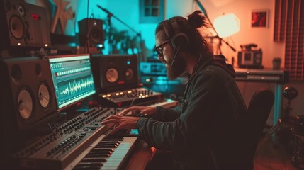 Professional energetic musician recording music while playing keyboard at modern music studio. Attractive music producer or sound engineer focus on listening demo song while mastering track. AIG42.