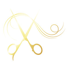 Barber scissors and a beautiful curl of hair, beauty salon golden design