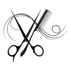Scissors, hairdresser comb and a beautiful curl of hair, beauty salon design
