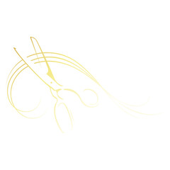 Stylist scissors and curly curl of hair golden sign