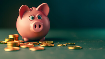Sad and worried pink pig piggy bank next to a few gold coins, isolated on pastel dark green background. Investment failure, bankruptcy concept. Set space for copy.