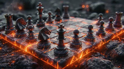 A fiery chessboard engulfed in flames, set amidst a dark, mystical forest
