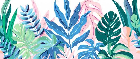 various tropical leaves in pastel pink, blue and green on a white background Generative AI