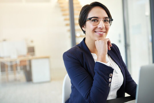 Portrait, laptop and woman in office, glasses and confidence for project, editor and corporate. Public relations, review and proofreading of articles, technology and online for company and web