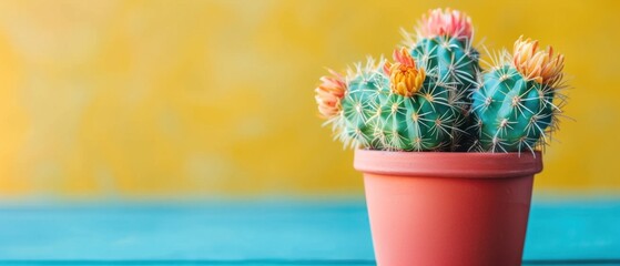 Vibrant potted cactus with pink flowers on a blue wooden surface against a yellow background. - Powered by Adobe