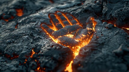 Fiery handprint on cooling lava creates a striking natural artwork