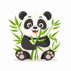 A cute panda with bamboo leaves over white background