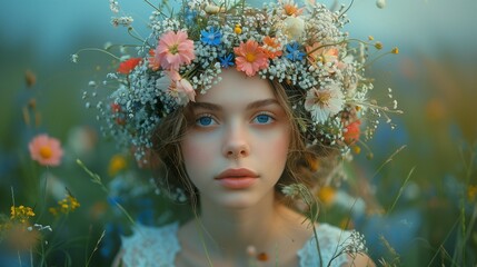 Bride Wearing Wildflower Crown in Twilight Forest Setting, generative ai
