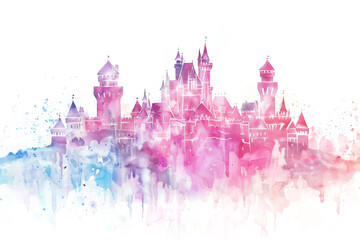 Watercolor Pink Magic Castle Isolated on White Background