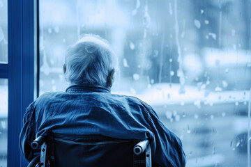 Elderly Pensive Alone Man on Wheelchair