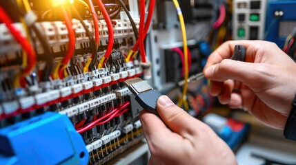 An electrician connects the fuses in the switchboard. Close up shot.