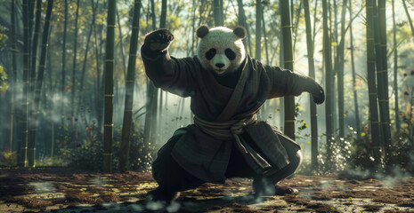 3D cartoon character of a panda doing kung-fu in bamboo forest.