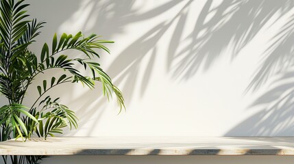 Minimalist indoor scene with potted plant and shadow play on a white wall.
