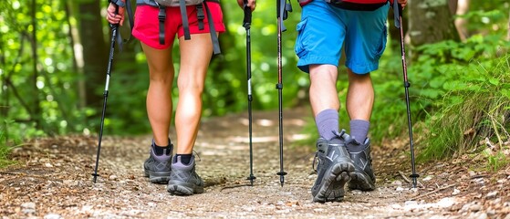 Close-up of two hikers' legs with trekking poles on a forest trail, showcasing active outdoor...