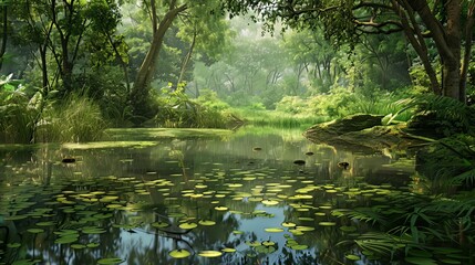 Obraz premium Wildlife-filled scene by the edge of a small pond nestled in a lush green forest, with reflections shimmering on the water's surface