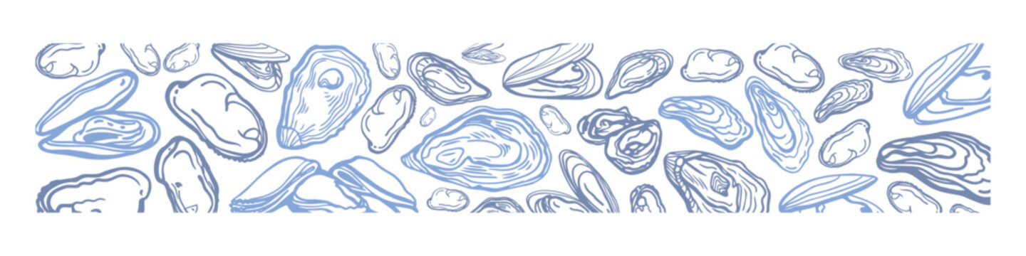 Isolated vector set of seafood. Mussels. Hand drawn seafood delicacy, restaurant and marine cafe menu. Design template.