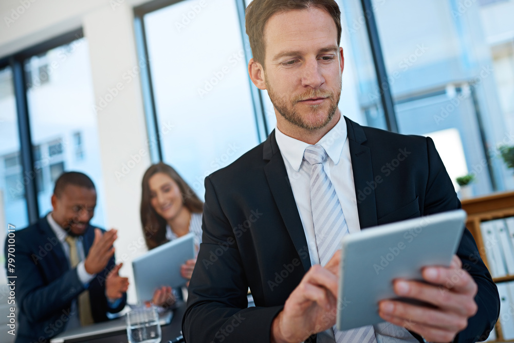 Poster business, man and tablet in office for internet search, information and networking as broker. entrep