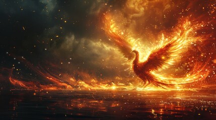 Majestic fiery phoenix soaring through a golden sunset sky in a mythical scene