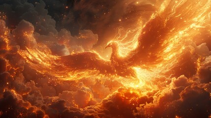 Majestic fiery phoenix rising amidst a blaze, symbolizing rebirth and transformation