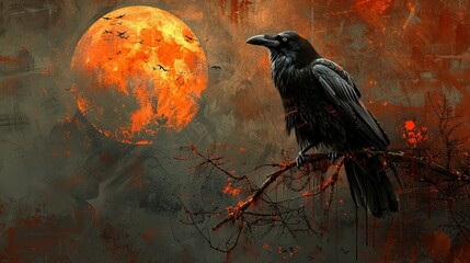 Fototapeta premium A striking image of a raven perched on a rugged branch against a fiery red backdrop