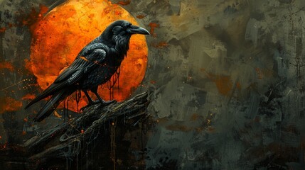 Fototapeta premium A striking image of a raven perched on a rugged branch against a fiery red backdrop