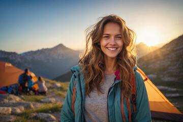 Naklejka premium Mountainous area.A tourist, a beautiful girl, smiling. The evening sun is shining.There is a tent in the background.