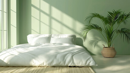 Inviting Bedroom with Sunlit Purity and Potted Palm