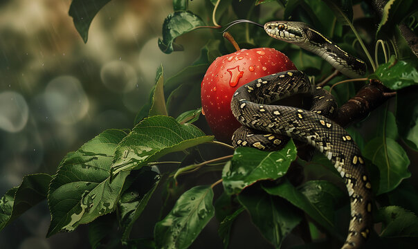 View of a snake and an apple, symbolizing original sin. This motif refers to the biblical story where the snake tempts Eve to eat the fruit from the forbidden tree.