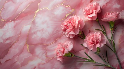 An enchanting top down perspective capturing the beauty of pink carnations adorned with a delicate pink ribbon perfect for Mother s Day