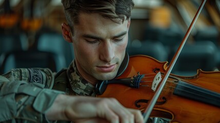 Detailed portrait of an Air Force musician tuning a violin, capturing the blend of military discipline and musical finesse