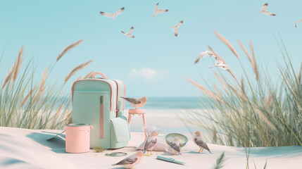 Seaside relaxation with pastel travel backpack and birds