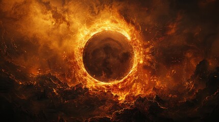 Fiery solar eclipse depicted in stunning detail, a dramatic astronomical event captured vividly