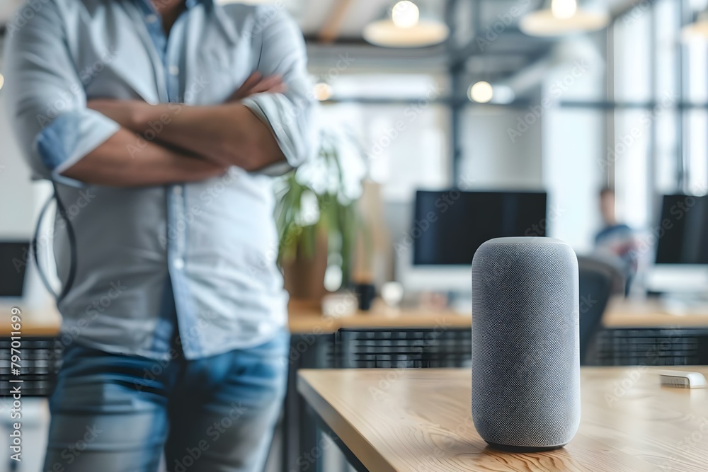 Poster man using a smart speaker to manage the lighting and temperature in his office. concept smart home t