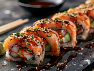 Japanese sushi rolls with tuna, salmon, shrimp, crab and avocado on plate