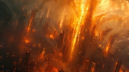 A fiery welding spark lights up an urban skyline, simulating a vivid cityscape on fire