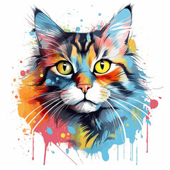  Bright watercolor portrait of a cat with splashes 