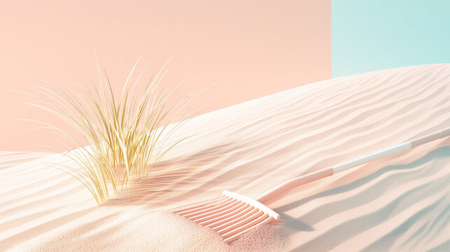Pastel colored rake on sandy beach with wavy patterns