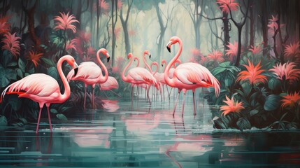 Vibrant flamingos in a serene tropical forest at dusk, surrounded by lush greenery and pink flowers