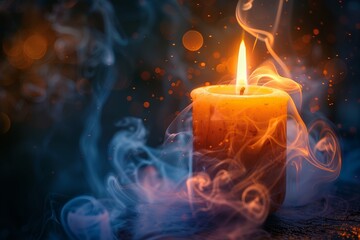 A candle burns vividly in the night, its flame casting a warm glow amidst mesmerizing smoke and sparkles, creating a magical atmosphere
