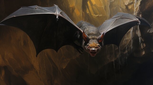 Captivating image of a fruit bat flying in a cave with outspread wings