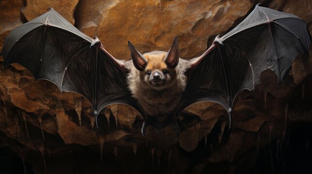 Captivating image of a fruit bat flying in a cave with outspread wings