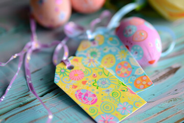 A vibrant, Easter-themed gift tag glimmers in the light, its bright, colorful designs and delicate, paper texture creating a sense of joy.