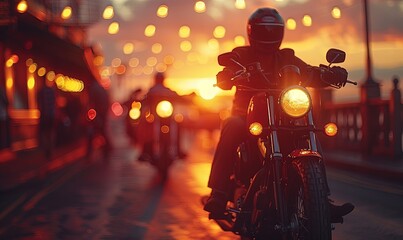 A bunch of bikers riding through the city at sunset - Powered by Adobe